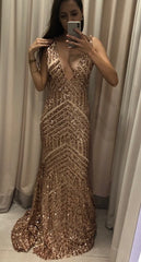 Shiny Mermaid Long V neck Red Sequins Prom Dresses