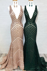 Shiny Mermaid Long V neck Red Sequins Prom Dresses