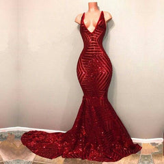 Shiny Mermaid Long V neck Red Sequins Prom Dresses