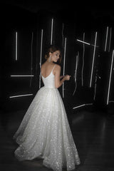 Sparkly Glitter White Prom Dresses Long A Line Sequin Wedding Dresses