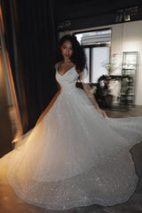 Sparkly Glitter White Prom Dresses Long A Line Sequin Wedding Dresses