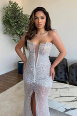 Sexy Beads V Neck Sleeveless Prom Dress with Front Slit