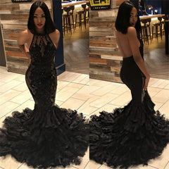 Sexy Black Halter Backless Tulle Prom Dress with Beadings