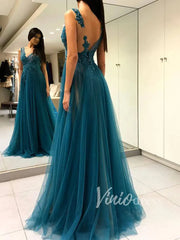 Sexy Blue Long Prom Dresses with Side Slit FD1500