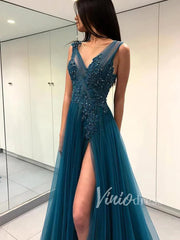 Sexy Blue Long Prom Dresses with Side Slit FD1500