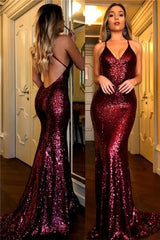 Sexy Burgundy Evening Dress with Sequins Backless Long Prom Dress
