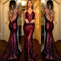 Sexy Burgundy Evening Dress with Sequins Backless Long Prom Dress