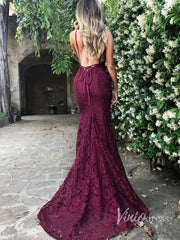 Sexy Burgundy Lace Mermaid Prom Dresses V neck Pageant Dress FD1319