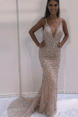 Sexy Deep V Neck Backless Prom with Beading Sparkly Sleeveless Evening Dress