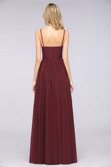 Sexy Deep V-Neck Burgundy Chiffon Bridesmaid Dress with Slit