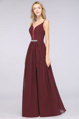 Sexy Deep V-Neck Burgundy Chiffon Bridesmaid Dress with Slit