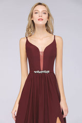 Sexy Deep V-Neck Burgundy Chiffon Bridesmaid Dress with Slit