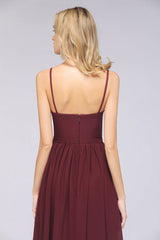 Sexy Deep V-Neck Burgundy Chiffon Bridesmaid Dress with Slit