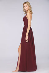 Sexy Deep V-Neck Burgundy Chiffon Bridesmaid Dress with Slit