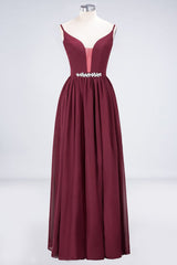 Sexy Deep V-Neck Burgundy Chiffon Bridesmaid Dress with Slit