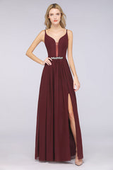 Sexy Deep V-Neck Burgundy Chiffon Bridesmaid Dress with Slit
