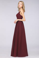 Sexy Deep V-Neck Burgundy Chiffon Bridesmaid Dress with Slit