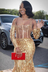 Sexy Gold Strapless Sequins Mermaid Beads Prom Dress
