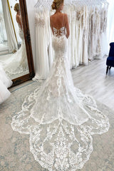 Sexy Mermaid Appliques Lace Wedding Dress With Chapel Train