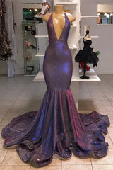 Sexy Purple Deep V-Neck Halter Sequins Mermaid Prom Dress