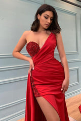 Sexy Red One Shoulder Slit Prom Dress Long With Sequins Beadings