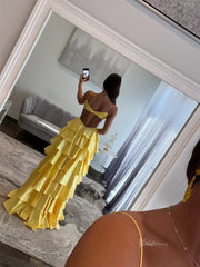 Sexy Satin Prom Dresses with Spaghetti Strap, Crossed Pleated Bodice, Ruffled Bottom - FD3743
