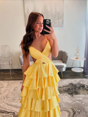 Sexy Satin Prom Dresses with Spaghetti Strap, Crossed Pleated Bodice, Ruffled Bottom - FD3743