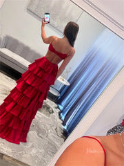 Sexy Satin Prom Dresses with Spaghetti Strap, Crossed Pleated Bodice, Ruffled Bottom - FD3743