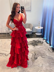 Sexy Satin Prom Dresses with Spaghetti Strap, Crossed Pleated Bodice, Ruffled Bottom - FD3743