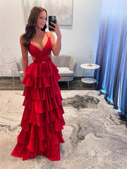 Sexy Satin Prom Dresses with Spaghetti Strap, Crossed Pleated Bodice, Ruffled Bottom - FD3743