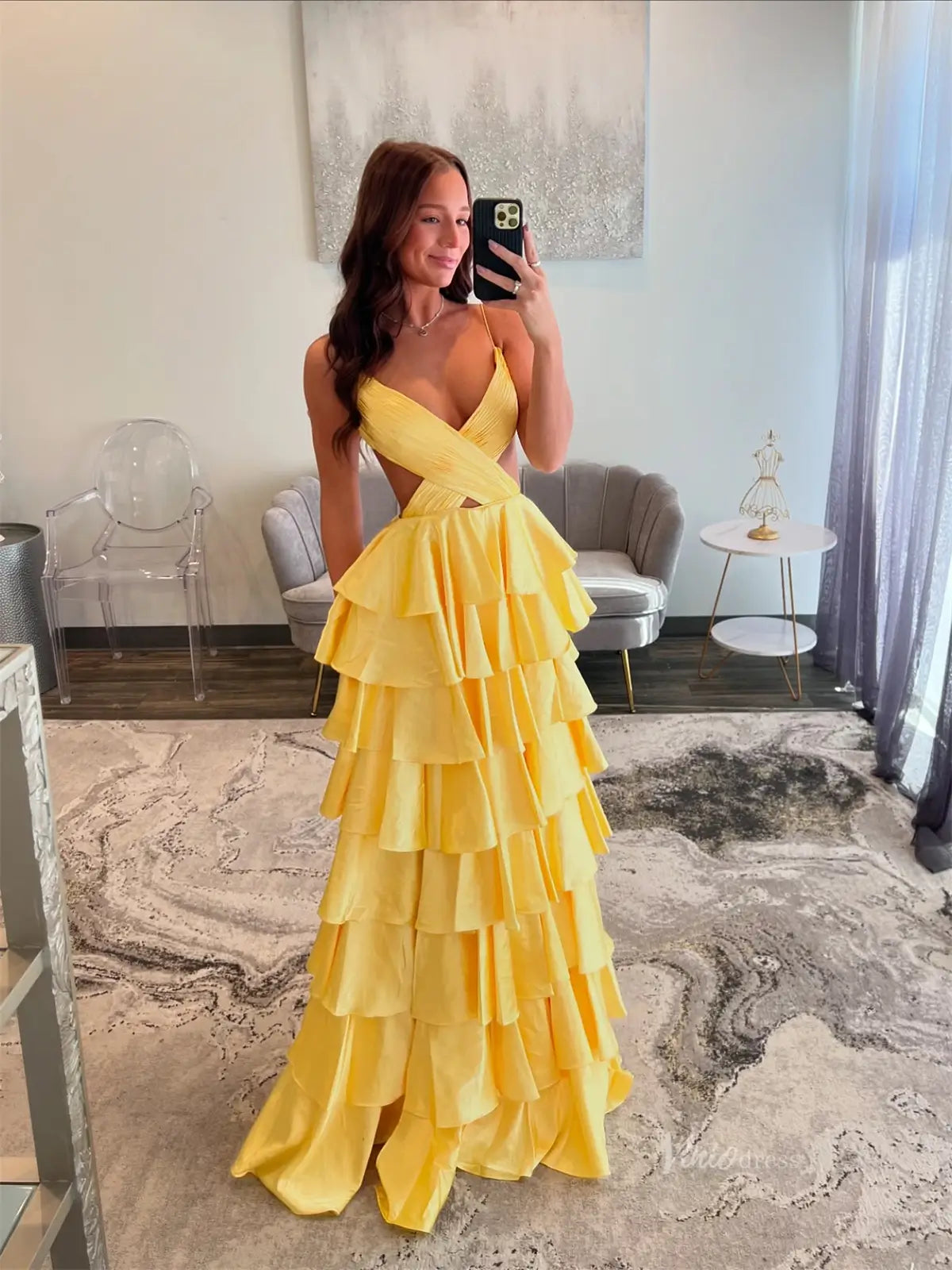 Sexy Satin Prom Dresses with Spaghetti Strap, Crossed Pleated Bodice, Ruffled Bottom - FD3743