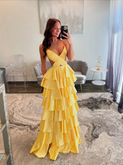 Sexy Satin Prom Dresses with Spaghetti Strap, Crossed Pleated Bodice, Ruffled Bottom - FD3743
