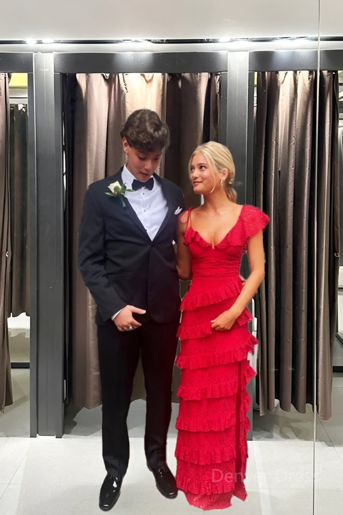 Sexy schede kant rode prom jurk ruches feestjurken