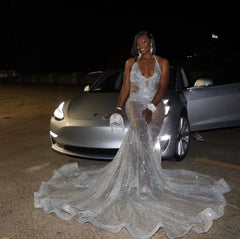 Sexy Silver Mermaid Lace Halter Appliques Prom Dress
