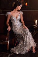 Cinderella Divine CB088 Sexy Long Feathered Prom Dress