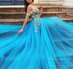 Sexy Turquoise Long Prom Dresses with Slit Off the Shoulder Formal Dress FD1787