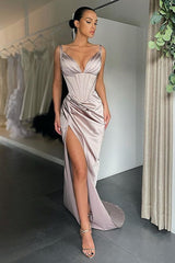 Sexy V-neck High-split Mermaid Ruched Long Prom Dress