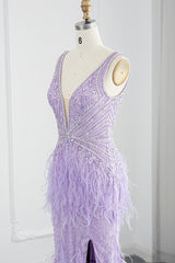 Sexy V-Neck Mermaid Evening Dress Sheath with Feathers Open Back