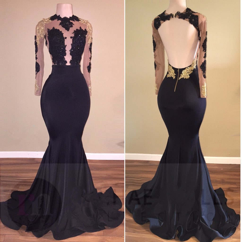 Sexy Mermaid Black Gold Long-Sleeve Prom Dresses