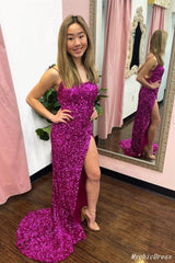 Sexy Sequin Evening Dresses Fuchsia Long Mermaid Cheap Prom Dress Split