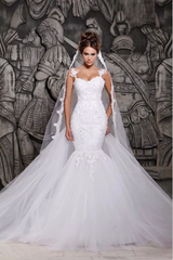 White Mermaid Tulle Lace Bridal Gowns,Free Wedding Veil