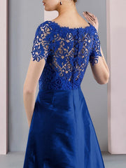 Two Piece Sheath / Column Mother of the Bride Dress Formal Church Elegant detachable Scoop Neck Knee Length Lace Taffeta Short Sleeve with Bow(s) Crysta