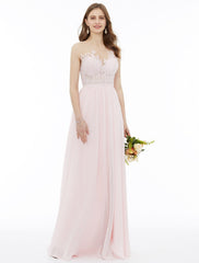 A-Line Bridesmaid Dress Sleeveless Floor Length Chiffon Floral Lace Sash Ribbon Appliques
