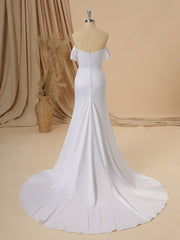 Sheath Charmeuse Off-the-Shoulder Pleated Court Train Wedding Dress
