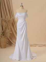 Sheath Charmeuse Off-the-Shoulder Pleated Court Train Wedding Dress