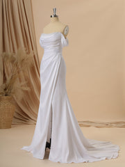 Sheath Charmeuse Off-the-Shoulder Pleated Court Train Wedding Dress