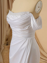 Sheath Charmeuse Off-the-Shoulder Pleated Court Train Wedding Dress