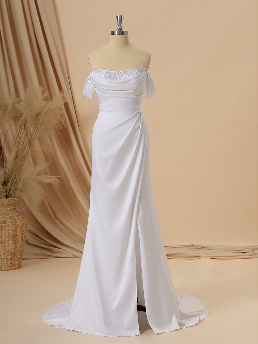 Sheath Charmeuse Off-the-Shoulder Pleated Court Train Wedding Dress