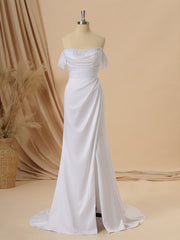 Sheath Charmeuse Off-the-Shoulder Pleated Court Train Wedding Dress