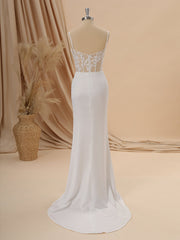 Sheath Charmeuse Spaghetti Straps Appliques Lace Sweep Train Corset Wedding Dress